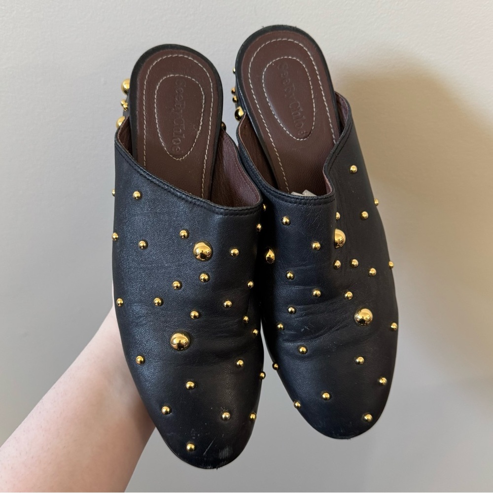 See By Chloe Gold studded black leather Mule slip on flats - missing studs - Picture 3 of 13